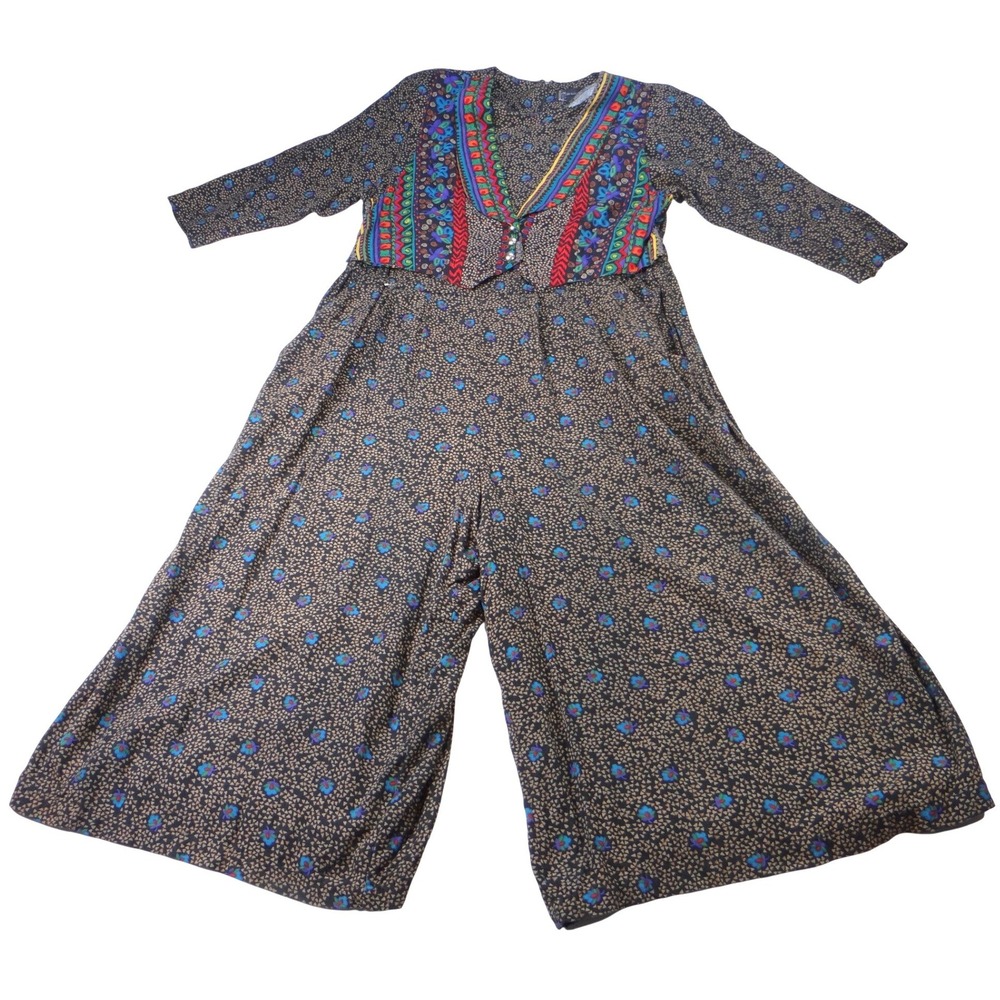 Vintage Rayon Floral Jumpsuit Wide Leg Bohemian Boho Multi Color Print